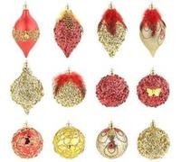 Infactory 12 boules de Noël rouge et or à plumes et paillettes
