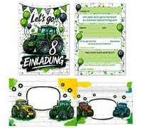 12 cartes d'invitation + 12 enveloppes, pour un anniversaire de 8 ans, thème tracteur