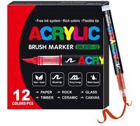 12 Couleurs Feutre Acrylique,Marqueur Peinture Acrylique Pinceau Pour Papier, Verre, Galet, Métal, Plastique, Bois,