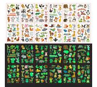12 feuilles avec 130 autocollants de tatouage phosphorescent sur le thème des animaux, avec des tatouages temporaires lumineux aux designs de dessins animés mignons et amusants de pandas, pingouins, k