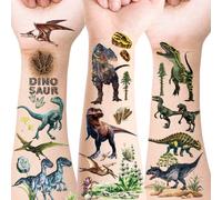 12 feuilles d'autocollants de tatouages temporaires de dinosaures, motifs réalistes et cool de dinosaures du Jurassique tels que T-Rex, Tricératops, Ptérosaure, Vélociraptor, Stégosaure, Allosaure. Dé