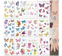 12 Feuilles Tatouages Temporaires Pailletés pour Enfants Filles Designs Papillons Sûrs et Faciles à Appliquer Résistants à l'Eau Faux Autocollants Tatouages Cadeaux de Fête Amusants