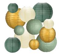 12 Lanternes Papier Vert Sauge, Lanterne Ronde Rétro pour Deco Mariage, Décoration Ramadan, Fête Jardin, Anniversaire, Décoration de Mariée Campagne, Abat-Jour, Décoration de Fête Vert/Or/Blanc Crème