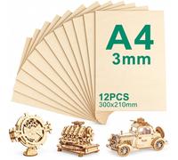 12 Pieces A4 Contreplaque, 300mm x 210mm Contreplaqué 3mm, Planche en Bois Brut pour Bricolage, Planche Bois en Bois pour Pyrogravure Enfant, Pyrogravure, Decoupe Laser, Modelisme, Balsa