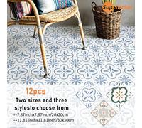 12 pièces Autocollants de carrelage de sol vintage géométrique floral, PVC autocollant et imperméable antidérapant, 7,87/11,81 pouces carré, pour cuisine et salle de bain 7,87 x 7,87 pouces/20 x 20 cm