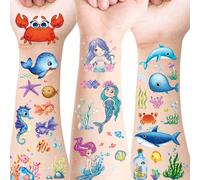 12 pièces Autocollants de tatouage temporaire brillants avec motifs de sirène et d'animaux marins, design mignon, imperméable, motifs réalistes du monde sous-marin incluant sirène, fée, poisson tropic