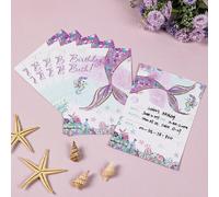 12 pièces Cartes d'anniversaire sirène violette, Invitations d'anniversaire sirène, Cartes d'anniversaire, Étiquettes de cadeaux d'anniversaire, Décorations d'anniversaire, Étiquettes cadeaux d'annive