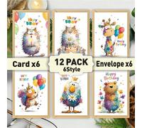 12 pièces Cartes de vœux d'anniversaire à l'aquarelle avec motifs d'animaux mignons, convient pour offrir à votre mari, amis, sœurs, amoureux, collègues masculins/féminins. Ensemble de cadeaux DIY ave