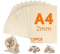 12 Pièces Contreplaqué A4, 300mm×210mm Contreplaqué 2mm, Planche en Bois Bricolage, Bois pour Pyrogravure, Gravure, Modélisme, Découpe Laser, Décoration, Peintures