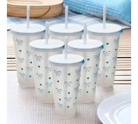 12 pièces Gobelets en plastique bleu clair de 24 oz avec couvercles et pailles, gobelets à nœud rose pour la Saint-Valentin, réutilisables, gobelets en plastique transparent charmants convenant pour l