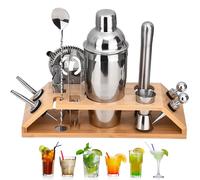 12 Pièces Kit Cocktail avec Support Bois, 750ml Set Shaker Cocktail Acier Inoxydable pour Bar, Kit Barman Professionnel pour Boissons Mélanger, Ensemble-Cadeau Shaker Cocktails pour Maison (Argenté)