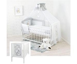 12 Pièces Lit Enfant avec Matelas Literie et Accessoires - Nounours avec Coeur Gris