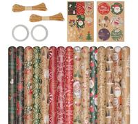 12 Pièces papier Recyclable d'emballage Cadeau,70cm x 50cm Kraft Rouleau, Accessoire +Carte suspenduex1+Autocollantx1+Corde de jutex2 Pour Papier Cadeau Noel,Anniversaire, Fêtes, Mariage et Bébé