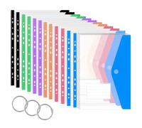 12 Pièces Pochette Plastique A4, Vakki Pochettes Porte-Documents avec Rabat, 11 Trous Pochette Perforee Transparente Couleurs, Classeur pochette (12 pièces - 6 Couleurs-horizontal)