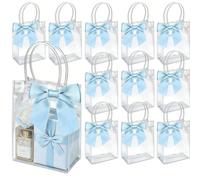 12 pièces Sacs cadeaux en PVC transparent avec nœud de ruban bleu clair ; Sacs fourre-tout transparents réutilisables ; Parfaits pour les fêtes de remise des diplômes, les cadeaux pour les invités de 