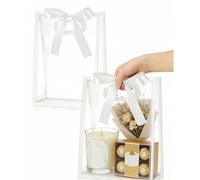 12 pièces Sacs cadeaux transparents avec bords blancs et nœud en satin ; Sacs fourre-tout en PVC transparent réutilisables ; Convient pour l'emballage de cadeaux de mariage, baby shower, anniversaire,