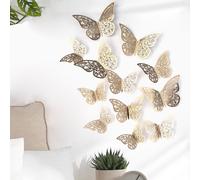 12 pièces Sticker papillon 3D, art mural papillon en papier creux doré pour décoration de la maison, stickers, décalcomanie murale, décalcomanie vinyle pour décorations de la maison, articles de décor