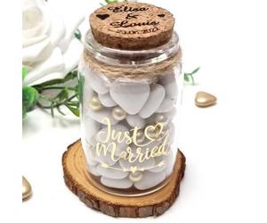 12 Pots à dragées Just Married Or avec bouchon personnalisable