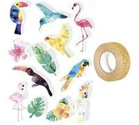 12 stickers 3D Oiseaux tropicaux 6 cm + masking tape doré à paillettes 5 m Multicolore G