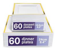 120 Assiettes Carrées en Plastique Blanches avec Bord Doré pour Mariages Anniversaires Baptêmes(2 Tailles 60 x 24cm 60 x 16 5cm)