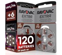 120 Piles pour Appareils Auditifs Rayovac Extra Size 312 Technologie Suond Fusion + 6 Piles Udivita - 20+1 Plaquettes de 6 Batteries