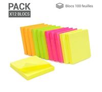 1200 Notes Autocollantes Repositionnables 12 Blocs De 100 Feuillets 75 X 75 Mm Couleurs Néons Assorties