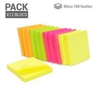 1200 Notes autocollantes repositionnables 12 blocs de 100 feuillets 75 x 75 mm couleurs néons assorties Couleurs néons assorties G