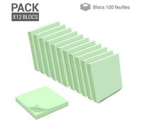 1200 Notes Autocollantes Repositionnables 12 Blocs De 100 Feuillets 75 X 75 Mm Vert Pastel