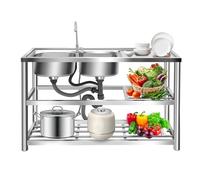 120cm 2 bacs 3 niveaux Évier inox, avec robinet autoportant pour cuisine | 201 inox, 2 bacs, 3 niveaux, 100kg, pieds ronds/carrés, bonde en acier, robinet 360°, pour pro & maison