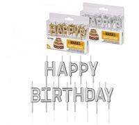13 Bougies anniversaire "HAPPY BIRTHDAY" Argent, à piquer dans un gâteau. Hauteur de chaque lettre : 7 cm (Pique + Lettre + mèche). Pique en plastique alimentaire. Adulte ou enfant. Existe en doré