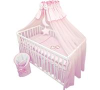 13 pièces lit bébé lit d'enfant et literie ensemble complet Happy Leo y compris matelas réglable en hauteur pour nouveau-nés bébés et jeunes enfants en bois massif brodé (ourson lune rose)