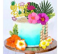 13 pièces ou 1 pièce Décorations de gâteau de flamant rose hawaïen, toppers de gâteau floraux artificiels hawaïens, hibiscus et feuilles de palmier réalistes, piques de gâteau de flamant rose joyeux a
