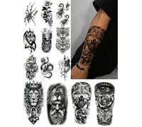 13 pièces/Set Autocollants de tatouage temporaire imperméables noirs pour hommes, motifs de totem animal avec lion, tigre, tête de loup, scorpion, aigle, ensemble de combinaison grande & petite taille