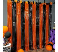 13 pièces/Set Rideaux à franges en feuille d'aluminium pour Halloween avec autocollants de chauve-souris 3D - Rideaux de guirlandes métalliques noires & orange & violettes, pour la décoration de fête 
