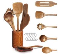 13 Pièces Ustensiles de Cuisine en Bois Ustensiles en Bois de Teck Cuillères et Spatule pour la Cuisine avec support,repose-cuillère et crochets