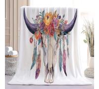 130 x 150 cm Blanc Flanelle Couverture, Bohème Style | Douce Légères Aquarelle Plumes Mystérieuses Crânes Vache Impression Couvertures, Confortable Chaude pour Canapé Lit
