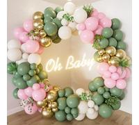 132Pcs Sage Green and Pink Balloon Arch Kit,Sage Green Pink Balloon Garland Arch Kit with Sand White Gold Balloons for Baby Shower Decoration,Birthday Party,Jungle Safari Party Decor