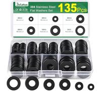 135 pièces Lot de rondelles noires, Bolatus assortiment de rondelles en acier inoxydable 6 tailles, rondelles de carrosserie M4 M5 M6 M8 M10 M12, rondelles plates en acier inoxydable pour vis et