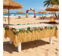 137 x 228 cm Nappe style jupe hawaïenne, Nappe à franges avec imprimé floral tropical de plage, Décoration pour fête, repas, camping 137 x 228 cmTropical,PlantesPolyéthylène