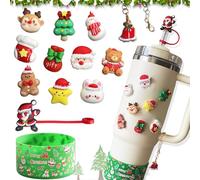 13Pcs Stanley Cup Accessoires pour Noël,Avec Bouchon en Paille,Protection de Coffre en Silicone pour Gobelet, Pendentif, 10 Autocollants 3D pour Stanley Cup Gobelet 20oz 30oz 40oz (Vert)