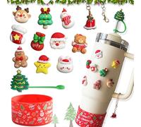 13Pcs Stanley Cup Accessoires pour Noël,Avec Bouchon en Paille,Protection de Coffre en Silicone pour Gobelet, Pendentif, 10 Autocollants 3D pour Stanley Cup Gobelet 20oz 30oz 40oz (Rouge)