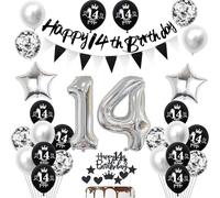 14 ans Anniversaire Décoration garcon fille, Noir Bannière 14 ans Anniversaire Guirlande Déco 14 ans Anniversaire fille Ballons argentés 14 ans Anniversaire Décoration gâteau 14 ans garcon fille
