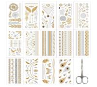 14 feuilles Tatouage Temporaire Métalliques, Festival Tattoo Doré Autocollants, Métalliques Étanche Dorés Faux Tatouages, Brillants Tattoo pour Festival Tatouage Halloween Fête Hommes et Filles