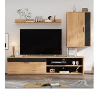 140 * 35 * 39cm ensemble de mur de salon TV (ensemble complet, 3 pièces), MUR multimédia avec panneau TV, couleur bois + noir