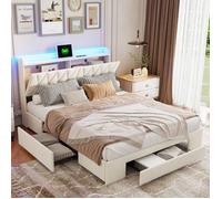 140 x 190 cm Lit double coffre en velours beige, lit rembourré avec sommier à lattes, LED réglable, USB et 3 tiroirs de rangement