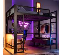 140 x 200 cm Lit mezzanine en métal avec USB, LED, bureau, armoire ouverte et 3 tiroirs à linge, noir