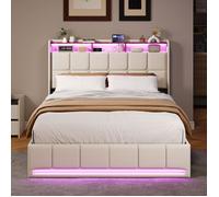 140x190 cm Lit Double Coffre avec Led,Lit Rembourré Hydraulique avec USB Et Type-C,Lit Capitonné avec Sommier à Lattes,Beige+Lin