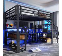 140x200 cm lit mezzanine avec bureau, bande LED, port USB, escalier avec espace de rangement, compartiments de rangement et barrière de sécurité, cadre en fer noir