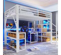 140x200 cm lit mezzanine avec bureau, bande LED, port USB, escalier avec espace de rangement, compartiments de rangement et barrière de sécurité, cadre en fer blanc