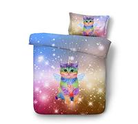 140x200cm 1 Personne Bébé Bambin Adolescent Galaxie Étoile Bleu Violet Chat Parures de Lit avec Taie d'oreiller, Coton 3D Chat Animal Blanc Housse de Couette (Chat 1)